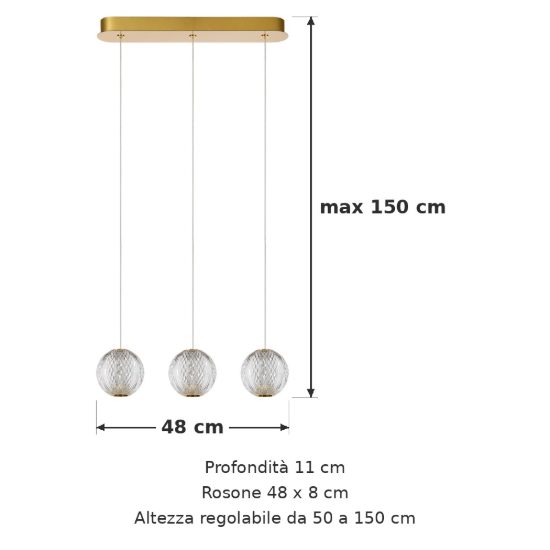 Lampadario con 3 pendenti lineare per soggiorno contemporaneo trasparente oro led 14,1w 2700k