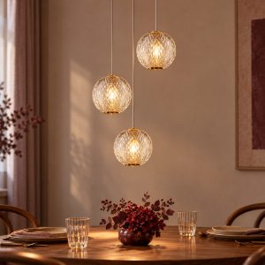 Lampadario con 3 pendenti a cascata per soggiorno contemporaneo trasparente oro led 14,1w 2700k