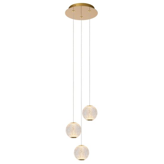 Lampadario con 3 pendenti a cascata per soggiorno contemporaneo trasparente oro led 14,1w 2700k