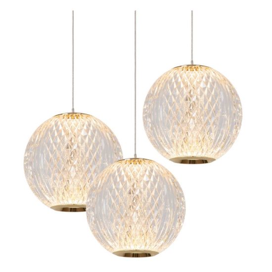 Lampadario con 3 pendenti a cascata per soggiorno contemporaneo trasparente oro led 14,1w 2700k