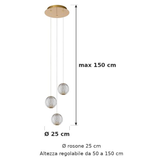 Lampadario con 3 pendenti a cascata per soggiorno contemporaneo trasparente oro led 14,1w 2700k