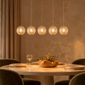 Lampadario con 5 pendenti lineare per soggiorno contemporaneo trasparente oro led 23,5w 2700k