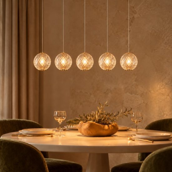Lampadario con 5 pendenti lineare per soggiorno contemporaneo trasparente oro led 23,5w 2700k