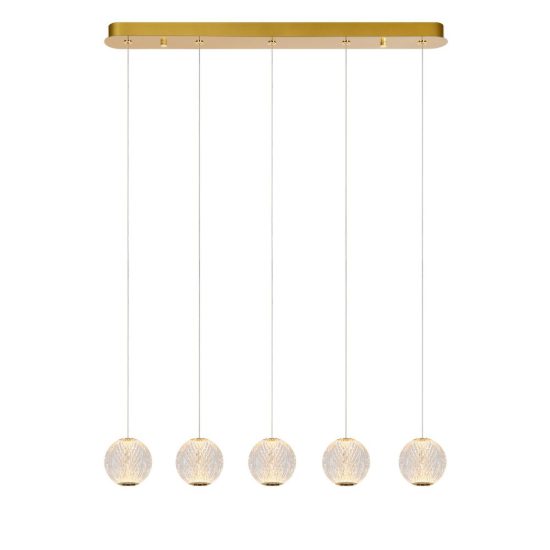 Lampadario con 5 pendenti lineare per soggiorno contemporaneo trasparente oro led 23,5w 2700k