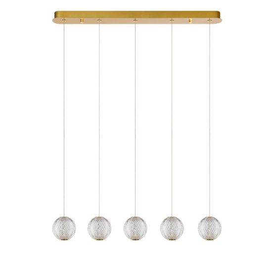 Lampadario con 5 pendenti lineare per soggiorno contemporaneo trasparente oro led 23,5w 2700k