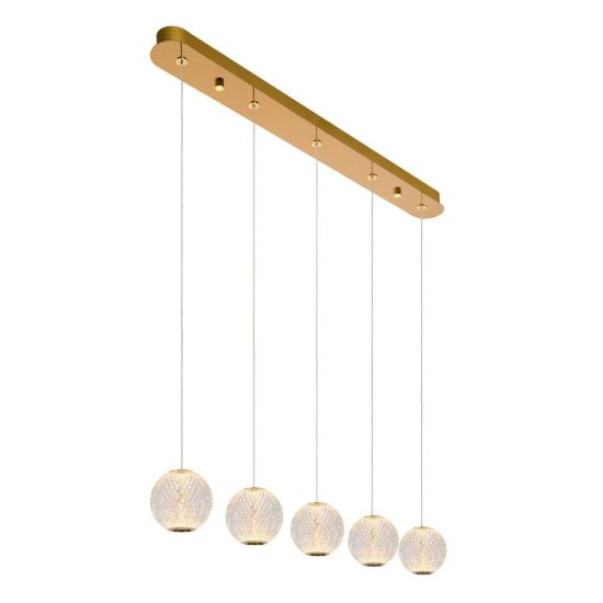 Lampadario con 5 pendenti lineare per soggiorno contemporaneo trasparente oro led 23,5w 2700k
