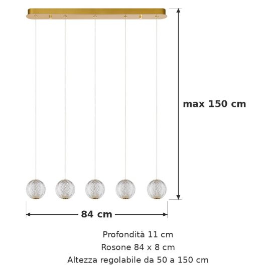 Lampadario con 5 pendenti lineare per soggiorno contemporaneo trasparente oro led 23,5w 2700k