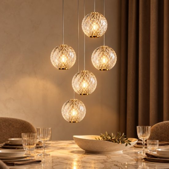 Lampadario con 5 pendenti a grappolo per soggiorno contemporaneo trasparente oro led 23,5w 2700k