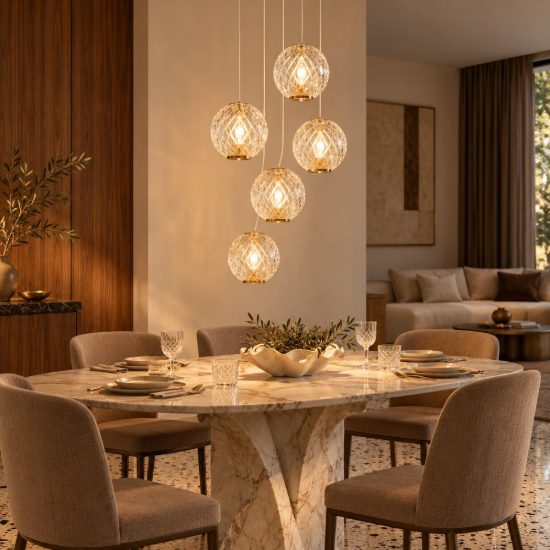 Lampadario con 5 pendenti a grappolo per soggiorno contemporaneo trasparente oro led 23,5w 2700k