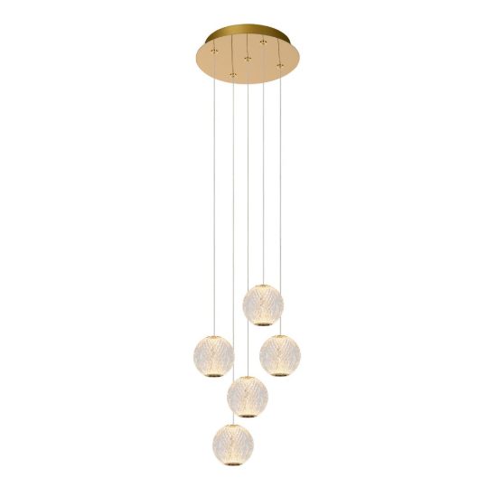 Lampadario con 5 pendenti a grappolo per soggiorno contemporaneo trasparente oro led 23,5w 2700k