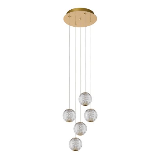 Lampadario con 5 pendenti a grappolo per soggiorno contemporaneo trasparente oro led 23,5w 2700k