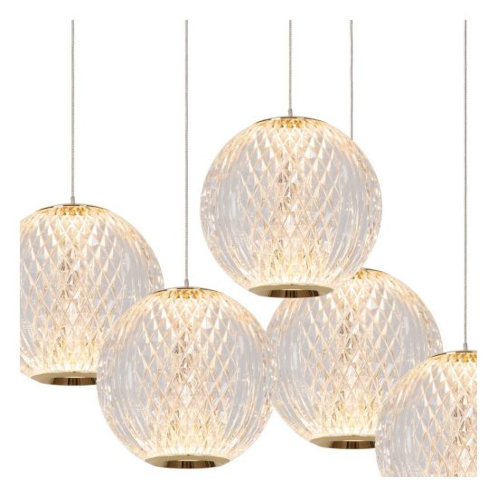 Lampadario con 5 pendenti a grappolo per soggiorno contemporaneo trasparente oro led 23,5w 2700k