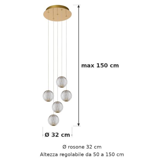 Lampadario con 5 pendenti a grappolo per soggiorno contemporaneo trasparente oro led 23,5w 2700k