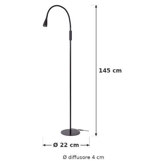 Piantana da lettura con braccio flessibile per soggiorno moderna nero led 4w 3000k dimmerabile