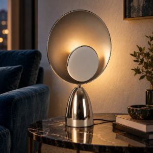 Lampada da tavolo rotonda per salotto moderna cromo nero led 8w 2100k