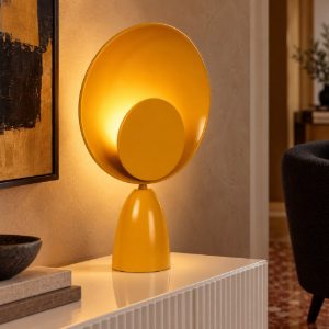 Lampada da tavolo rotonda per salotto moderna giallo ocra nero led 8w 2100k