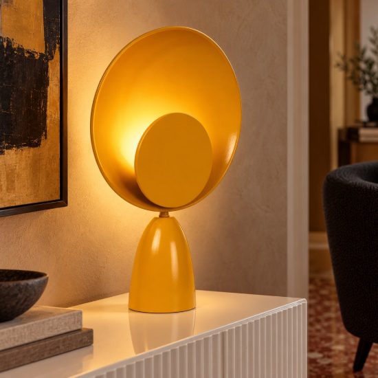 Lampada da tavolo rotonda per salotto moderna giallo ocra nero led 8w 2100k