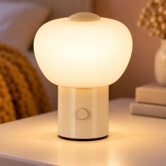 Abat-jour a cupola per comodino moderno crema led 0,8w 2700k touch dimmer ricaricabile