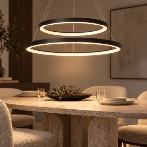 Lampadario a sospensione ad anelli per sala da pranzo moderno nero opalino led 92w 2700k