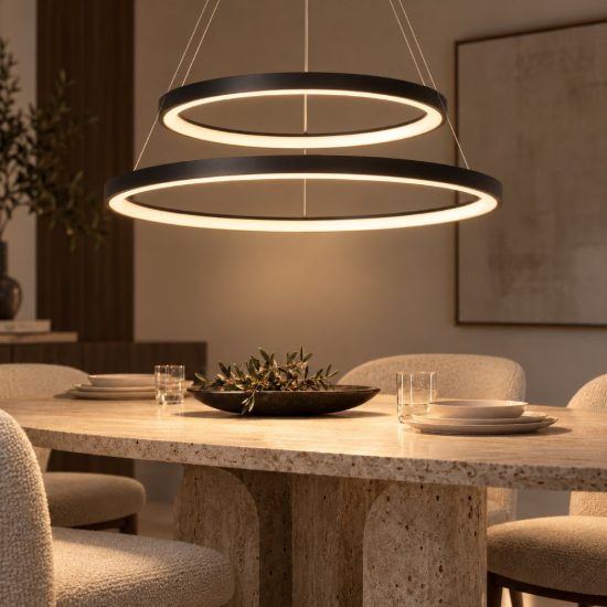 Lampadario a sospensione ad anelli per sala da pranzo moderno nero opalino led 92w 2700k