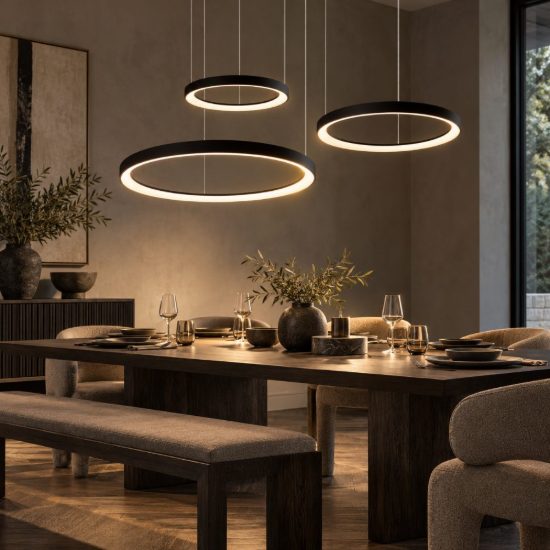 Lampadario a sospensione ad anelli per sala da pranzo moderno nero opalino led 120w 2700k