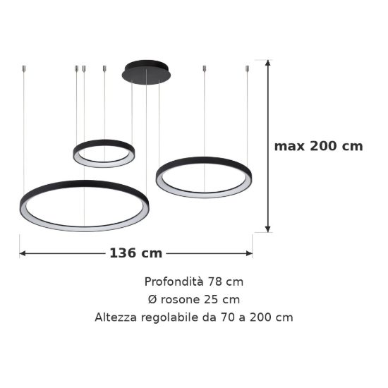 Lampadario a sospensione ad anelli per sala da pranzo moderno nero opalino led 120w 2700k