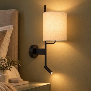 Applique per comodino camera da letto a cilindro moderna nero crema con luce di lettura