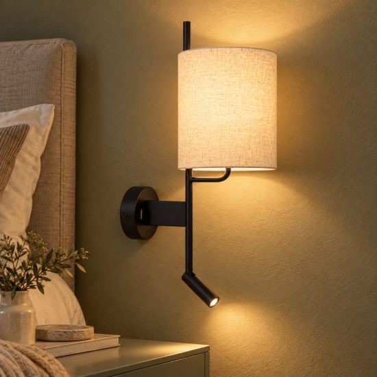 Applique per comodino camera da letto a cilindro moderna nero crema con luce di lettura