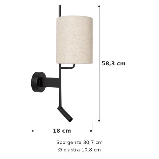 Applique per comodino camera da letto a cilindro moderna nero crema con luce di lettura