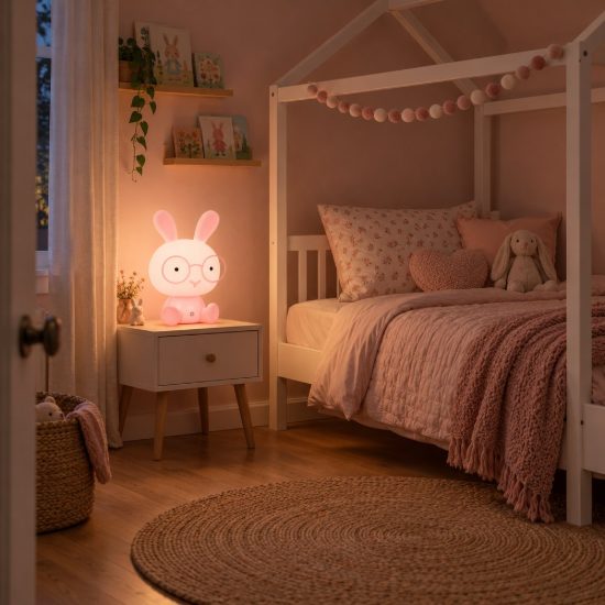 Lampada da comodino abat-jour per cameretta bambini rosa led 3w 4000k a forma di coniglietto