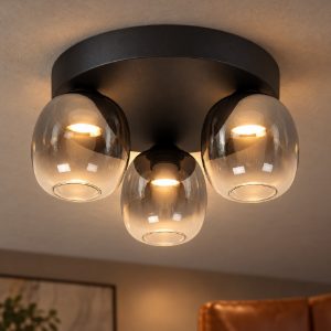 Plafoniera con 3 diffusori in vetro rotonda moderna nero fume led 16,8w 3000k