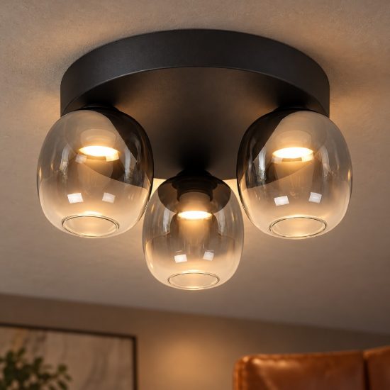 Plafoniera con 3 diffusori in vetro rotonda moderna nero fume led 16,8w 3000k