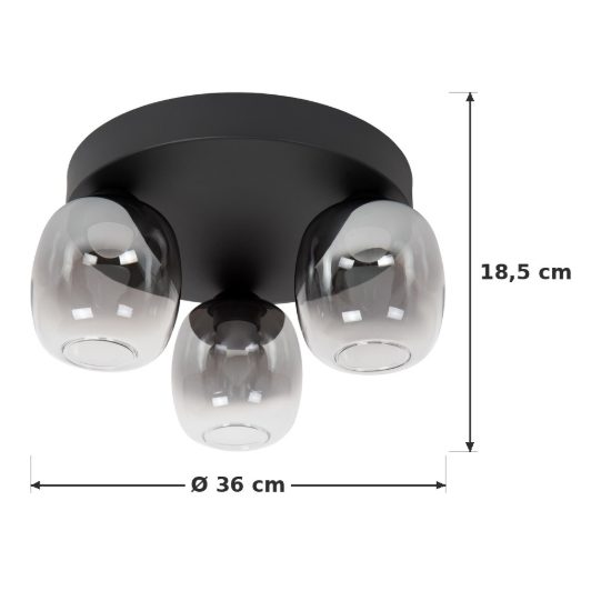 Plafoniera con 3 diffusori in vetro rotonda moderna nero fume led 16,8w 3000k