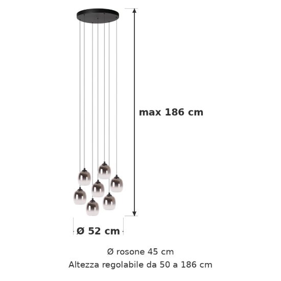 Lampadario a sospensione con 7 pendenti a grappolo per soggiorno moderno nero fume led 37,1w 3000k