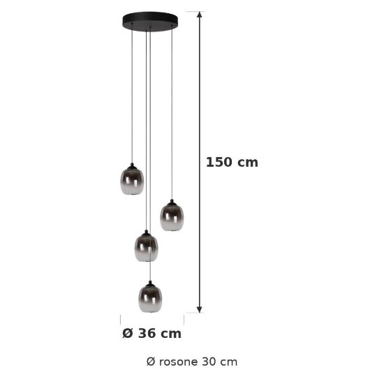 Lampadario a sospensione con 4 pendenti a cascata per soggiorno moderno nero fume led 20,8w 3000k