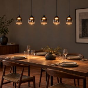 Lampadario a sospensione con 5 pendenti lineare per soggiorno moderno nero fume led 28w 3000k