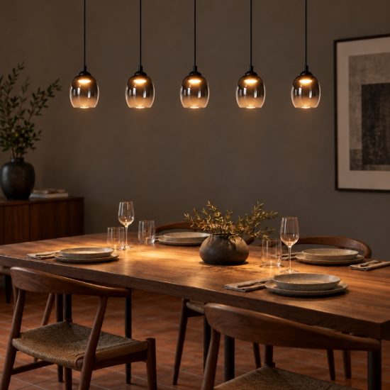 Lampadario a sospensione con 5 pendenti lineare per soggiorno moderno nero fume led 28w 3000k
