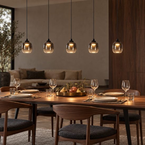 Lampadario a sospensione con 5 pendenti lineare per soggiorno moderno nero fume led 28w 3000k