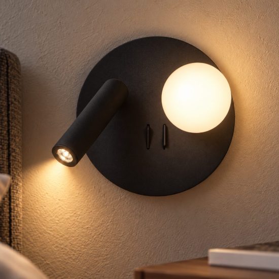 Applique per comodino camera da letto rotonda moderna nero opalino led 7w 3000k