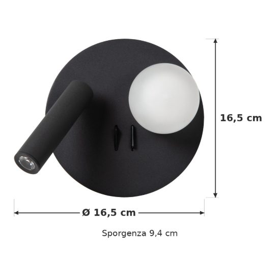 Applique per comodino camera da letto rotonda moderna nero opalino led 7w 3000k
