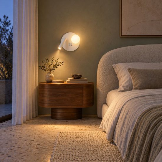 Applique per comodino camera da letto rotonda moderna bianco opalino led 7w 3000k