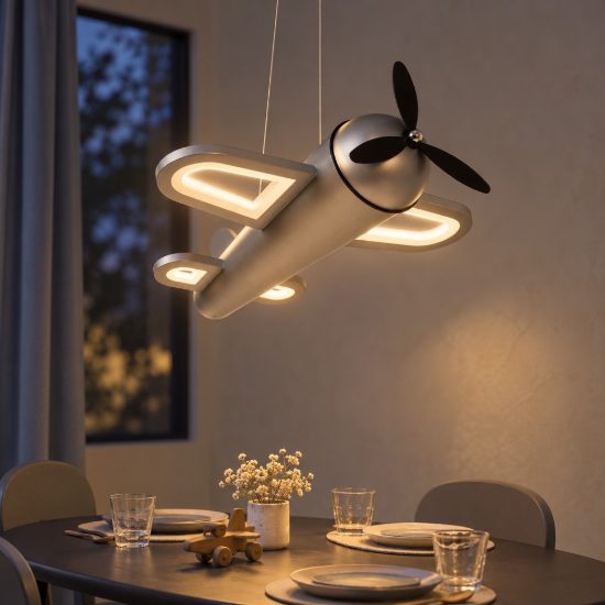 Lampadario a sospensione per cameretta moderno grigio ferro nero led 28w 2500k a forma di aeroplano