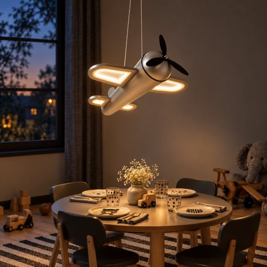 Lampadario a sospensione per cameretta moderno grigio ferro nero led 28w 2500k a forma di aeroplano