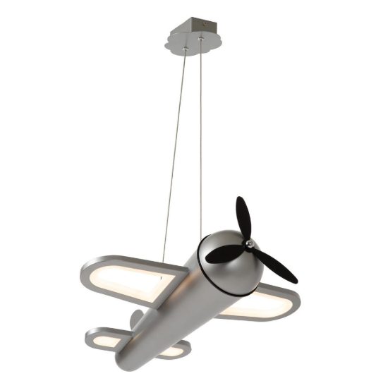 Lampadario a sospensione per cameretta moderno grigio ferro nero led 28w 2500k a forma di aeroplano