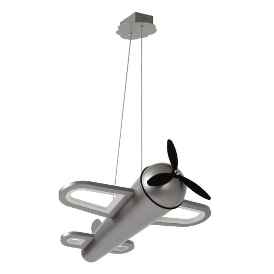 Lampadario a sospensione per cameretta moderno grigio ferro nero led 28w 2500k a forma di aeroplano