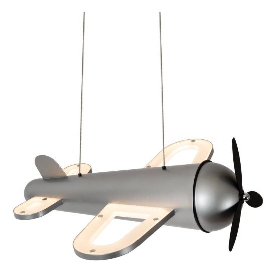 Lampadario a sospensione per cameretta moderno grigio ferro nero led 28w 2500k a forma di aeroplano