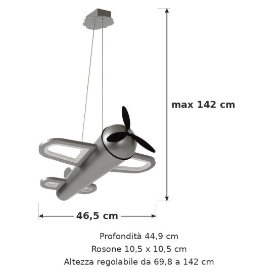 Lampadario a sospensione per cameretta moderno grigio ferro nero led 28w 2500k a forma di aeroplano