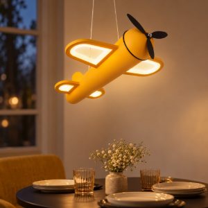 Lampadario a sospensione per cameretta moderno giallo nero led 28w 2500k a forma di aeroplano