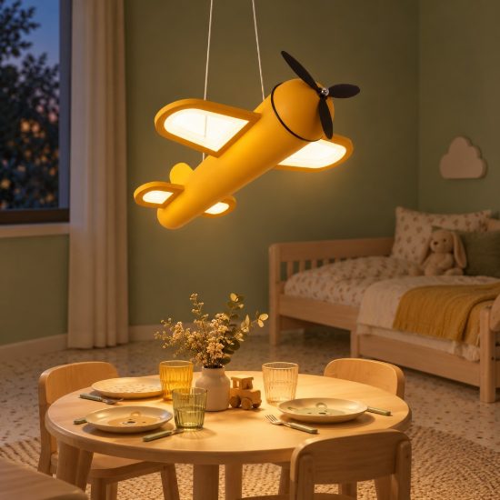 Lampadario a sospensione per cameretta moderno giallo nero led 28w 2500k a forma di aeroplano