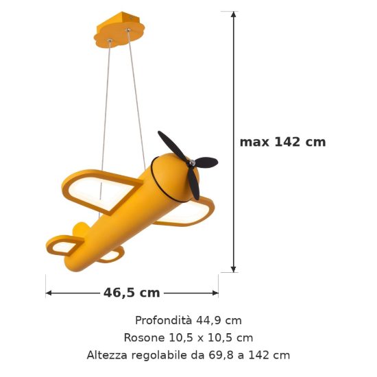 Lampadario a sospensione per cameretta moderno giallo nero led 28w 2500k a forma di aeroplano